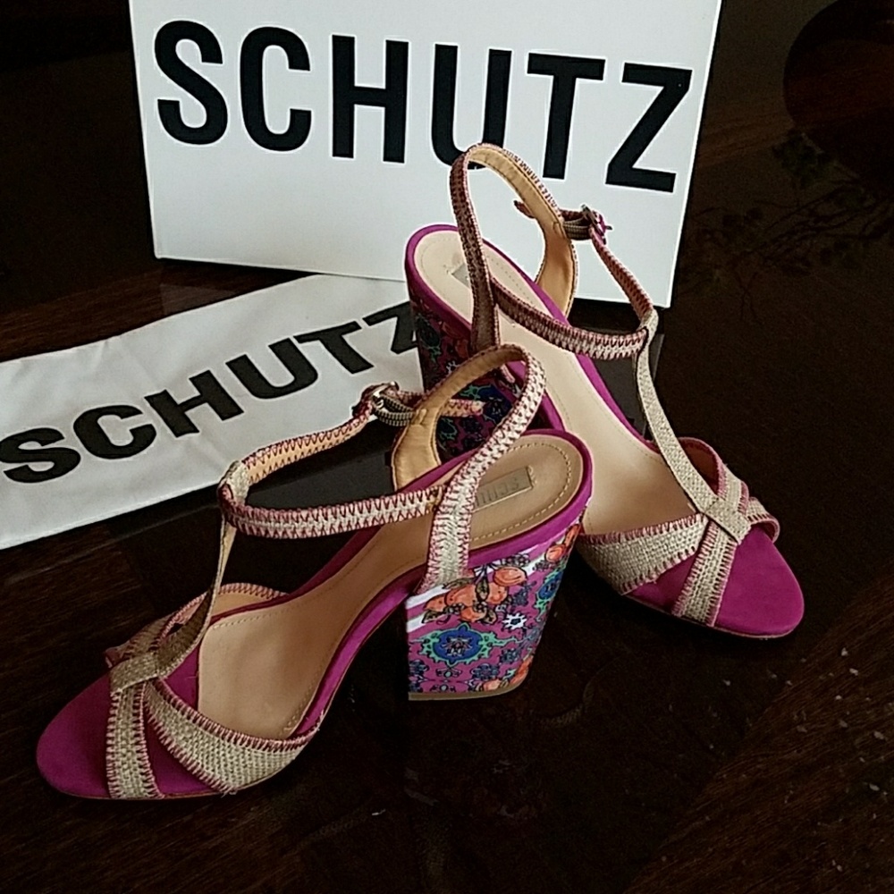 Schutz sandals, 4" floral silk heel.